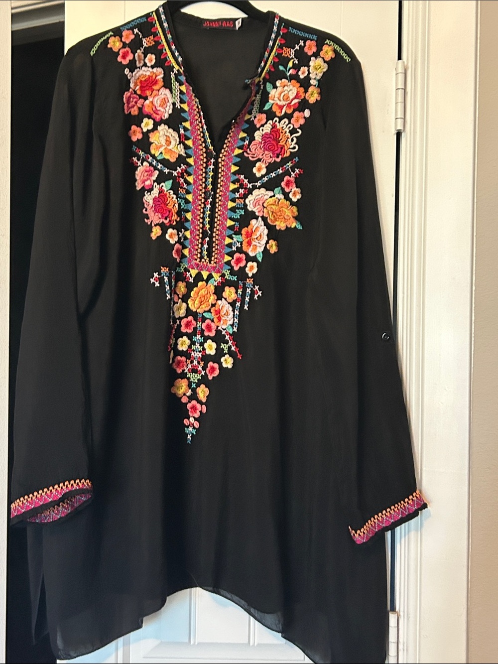 Johnny Was Black Tunic Dress with Multicolor Floral Embroidery